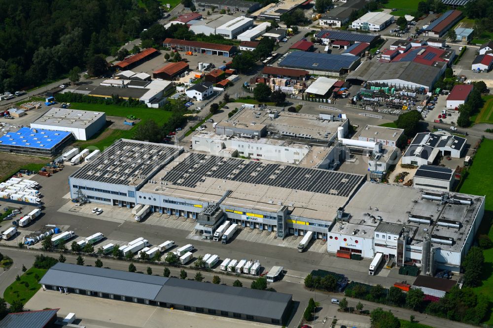 Günzburg from the bird's eye view: Building complex of the distribution center and food logistics center on the premises of HAVI Logistics on Max-Planck-Strasse in the Oberelchingen district of Guenzburg in the state of Bavaria, Germany