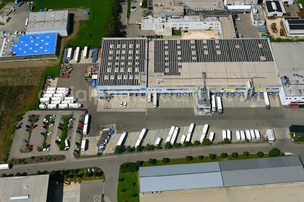 Günzburg from above - Building complex of the distribution center and food logistics center on the premises of HAVI Logistics on Max-Planck-Strasse in the Oberelchingen district of Guenzburg in the state of Bavaria, Germany