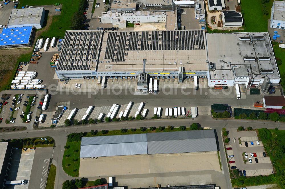 Günzburg from the bird's eye view: Building complex of the distribution center and food logistics center on the premises of HAVI Logistics on Max-Planck-Strasse in the Oberelchingen district of Guenzburg in the state of Bavaria, Germany