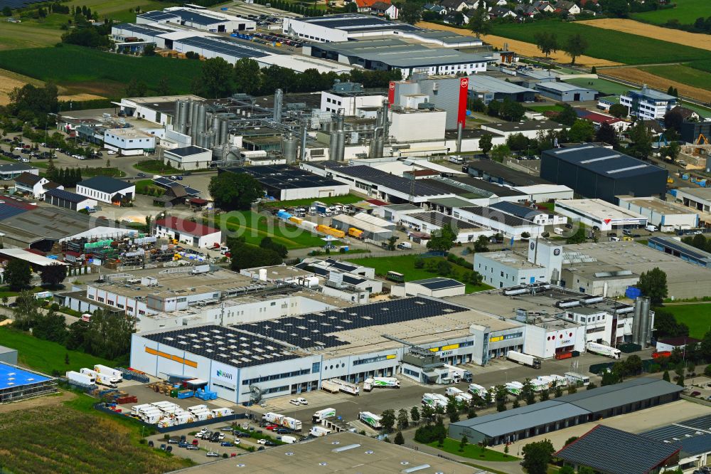 Günzburg from the bird's eye view: Building complex of the distribution center and food logistics center on the premises of HAVI Logistics on Max-Planck-Strasse in the Oberelchingen district of Guenzburg in the state of Bavaria, Germany