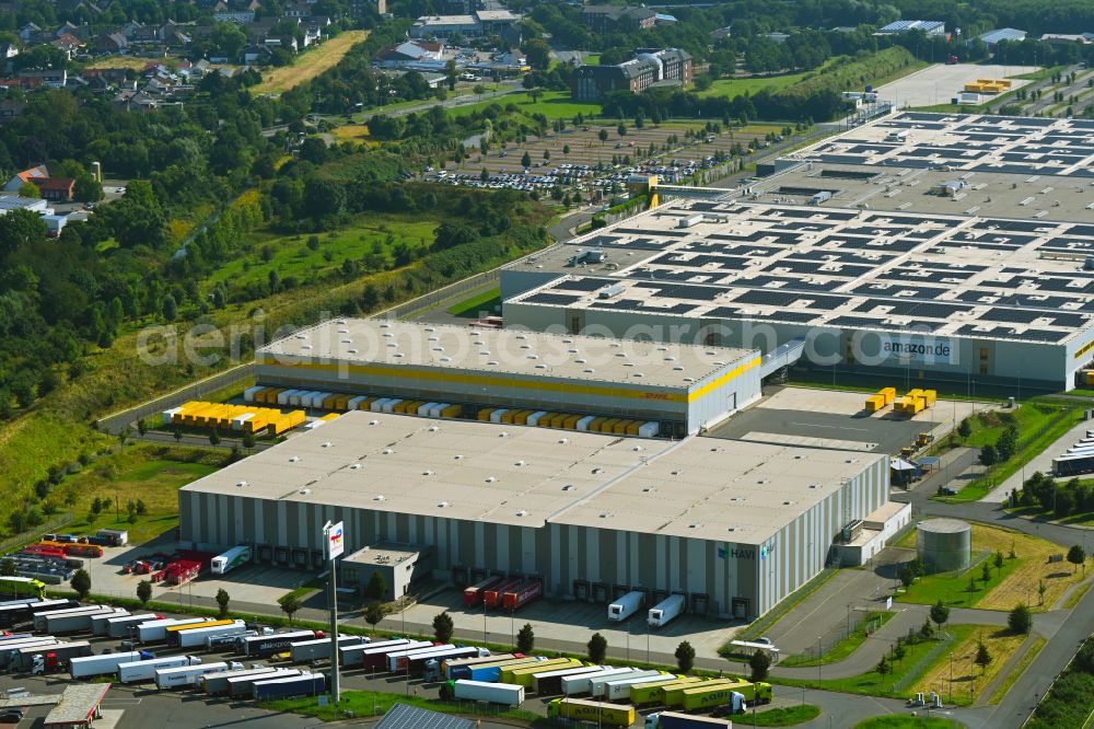 Aerial photograph Rheinberg - Building complex and distribution center on the site of HAVI Logistics on street Minkeldonk in the district Winterswick in Rheinberg in the state North Rhine-Westphalia, Germany