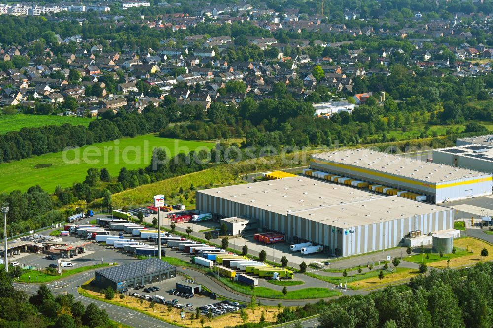 Rheinberg from the bird's eye view: Building complex and distribution center on the site of HAVI Logistics on street Minkeldonk in the district Winterswick in Rheinberg in the state North Rhine-Westphalia, Germany