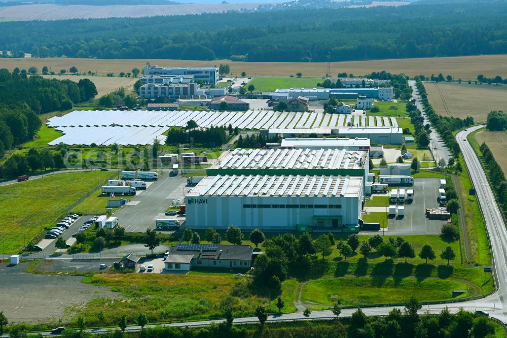 Aerial image Lederhose - Building complex and distribution center on the site fuer Lebensmittel of HAVI Logistics on street Eichenstrasse in the district Kolba in Lederhose in the state Thuringia, Germany