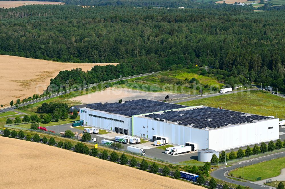 Lederhose from above - Building complex and distribution center on the site fuer Lebensmittel of HAVI Logistics on street Eichenstrasse in the district Kolba in Lederhose in the state Thuringia, Germany