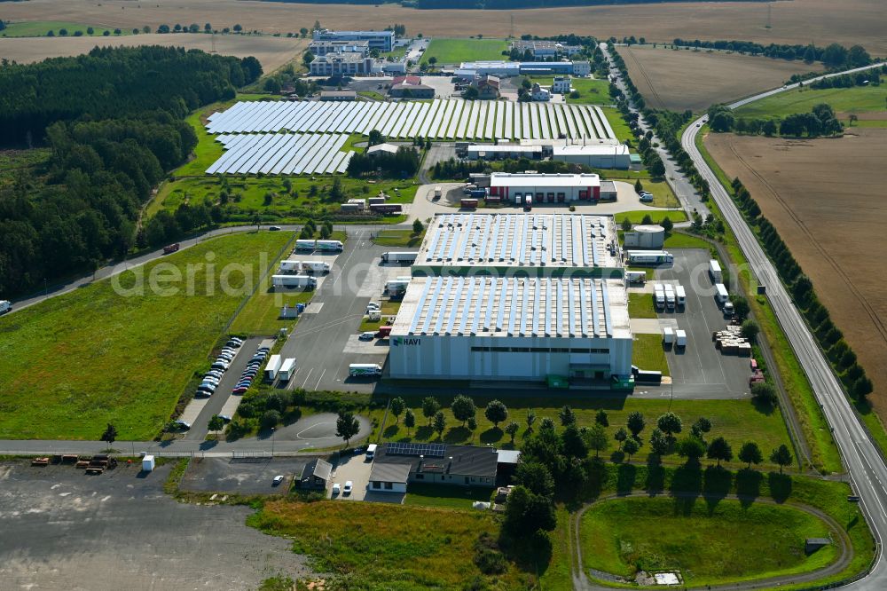 Lederhose from above - Building complex and distribution center on the site fuer Lebensmittel of HAVI Logistics on street Eichenstrasse in the district Kolba in Lederhose in the state Thuringia, Germany