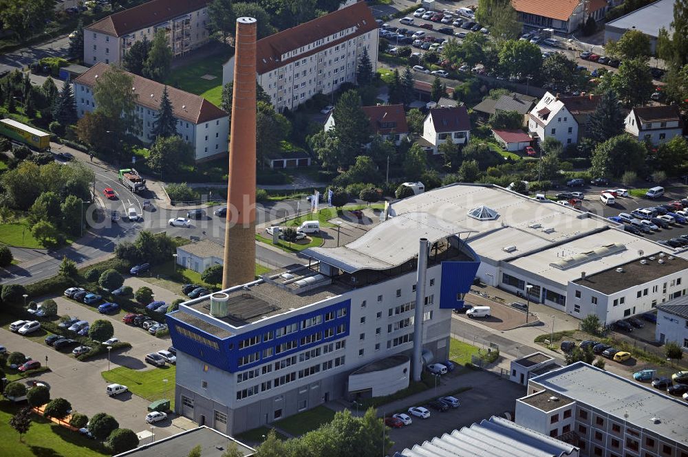 Eisenach from above - Das Verwaltungsgebäude der Eisenacher Versorgungs-Betriebe GmbH An der Feuerwache. Das Gebäude entstand 1998 durch den Umbau des Gasturbinen-Heizkraftwerkes. The administration building of the Eisenacher Versorgungs-Betriebe GmbH.