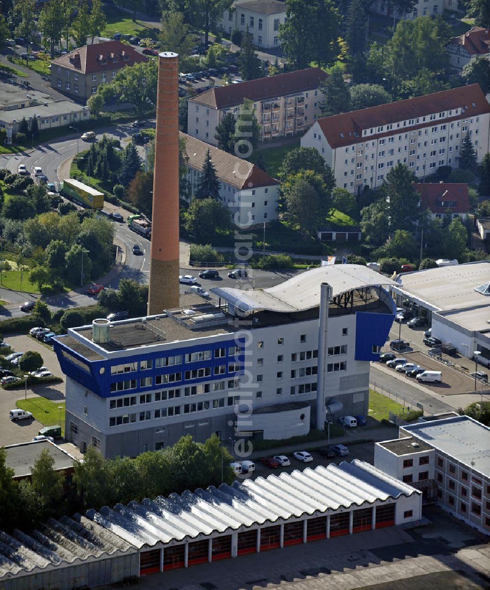 Eisenach from above - Das Verwaltungsgebäude der Eisenacher Versorgungs-Betriebe GmbH An der Feuerwache. Das Gebäude entstand 1998 durch den Umbau des Gasturbinen-Heizkraftwerkes. The administration building of the Eisenacher Versorgungs-Betriebe GmbH.