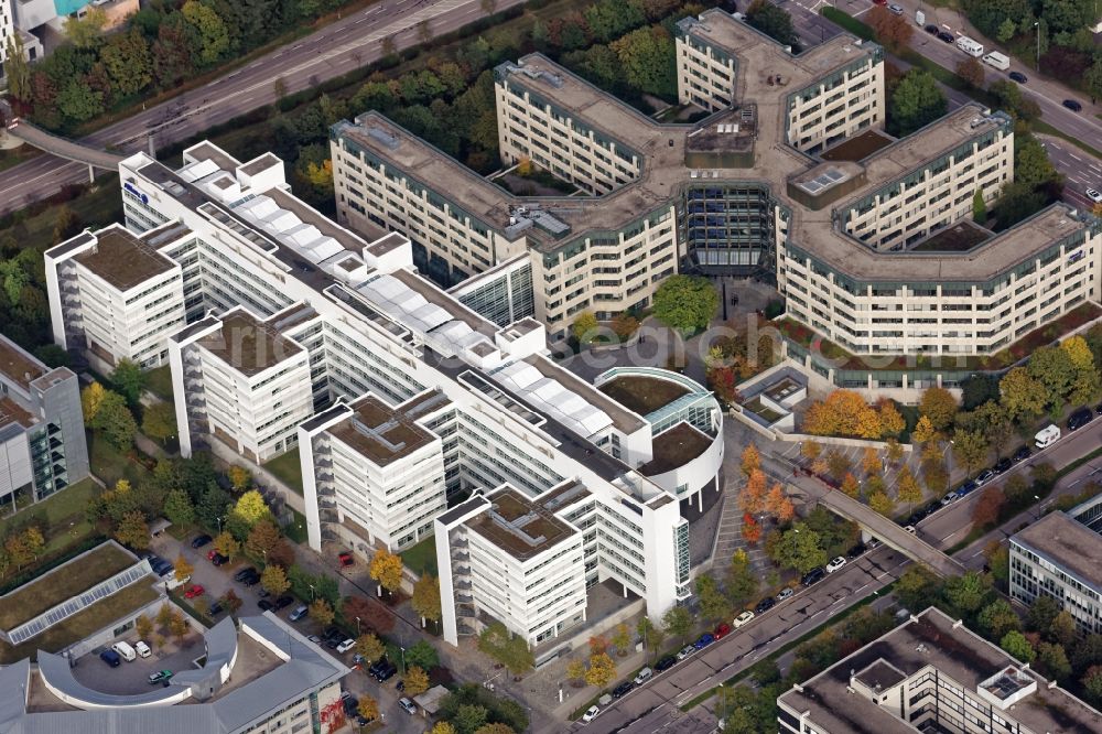 München from above - Office and administration buildings of the insurance company Allianz in Munich in the state Bavaria