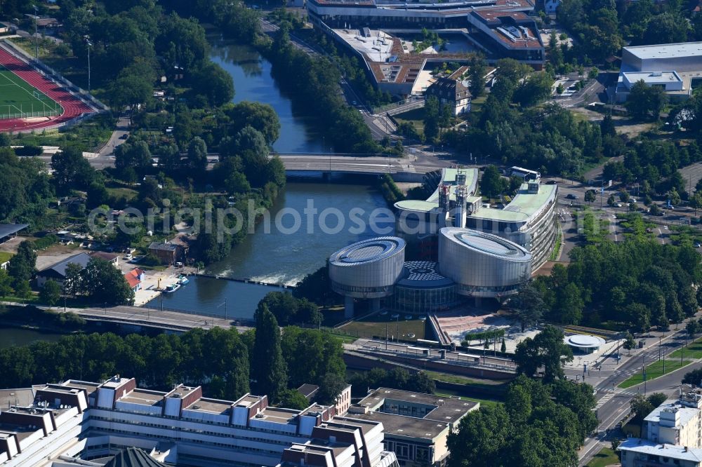 Strasbourg - Straßburg from the bird's eye view: Administrative building of the State Authority Europaeischer Gerichtshof fuer Menschenrechte on Allee of Droits de l'Homme in Strasbourg in Grand Est, France