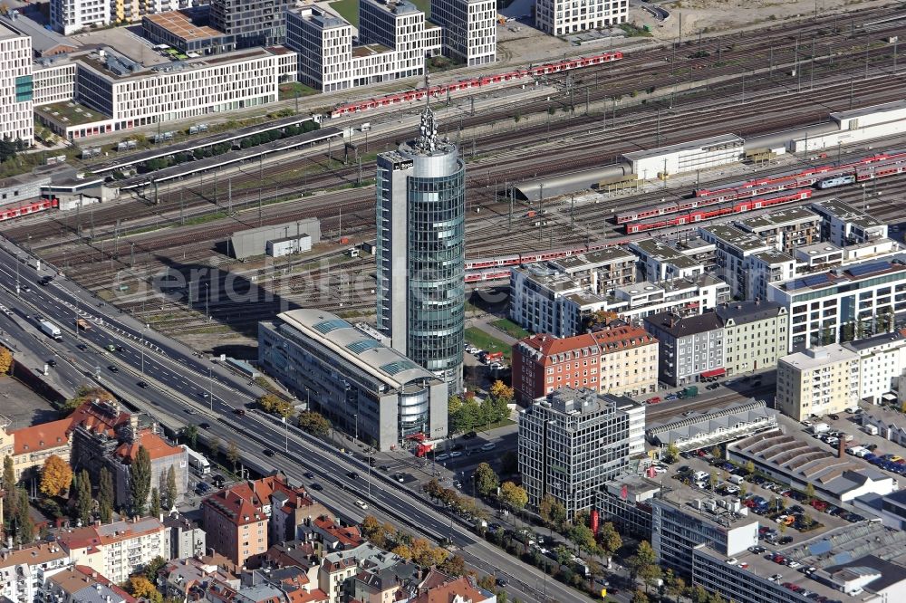 München from above - Administrative building and office complex Central Tower in Munich in the state Bavaria. The tower is located on the middle ring, at the intersection of Donnersbergerbruecke with Landsberger Strasse, in Schwanthalerhoehe district