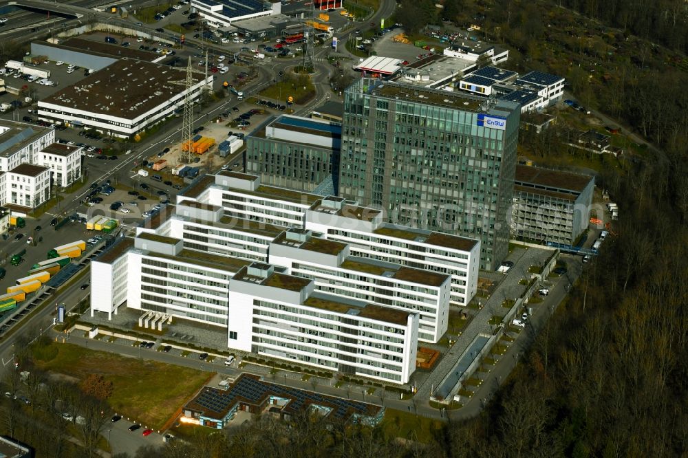 Stuttgart from above - Administrative building of the companies EnBW Energiegemeinschaft e.V. and Netze BW GmbH on Schelmenwasenstrasse in Stuttgart in the state Baden-Wurttemberg, Germany