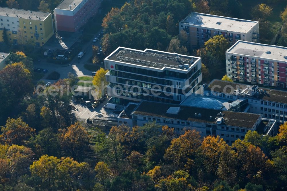 Potsdam from the bird's eye view: Banking administration building of the financial services company Mittelbrandenburgische Sparkasse in Potsdam on Saarmunder Strasse in Potsdam in the state Brandenburg, Germany