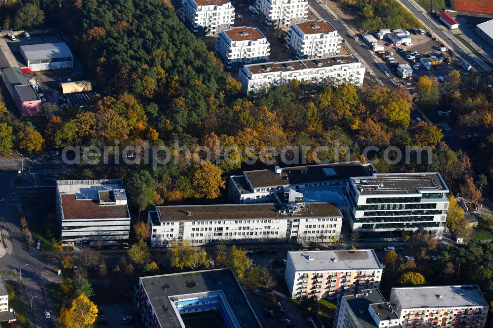 Potsdam from the bird's eye view: Banking administration building of the financial services company Mittelbrandenburgische Sparkasse in Potsdam on Saarmunder Strasse in Potsdam in the state Brandenburg, Germany