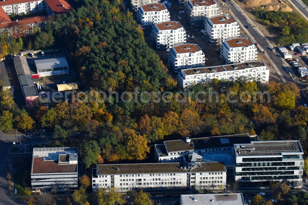 Aerial image Potsdam - Banking administration building of the financial services company Mittelbrandenburgische Sparkasse in Potsdam on Saarmunder Strasse in Potsdam in the state Brandenburg, Germany