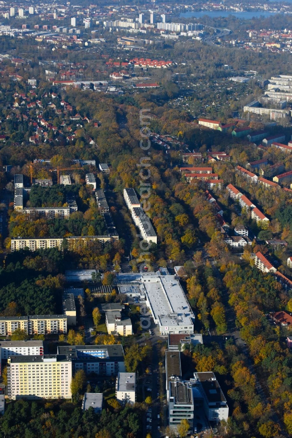 Aerial image Potsdam - Banking administration building of the financial services company Mittelbrandenburgische Sparkasse in Potsdam on Saarmunder Strasse in Potsdam in the state Brandenburg, Germany