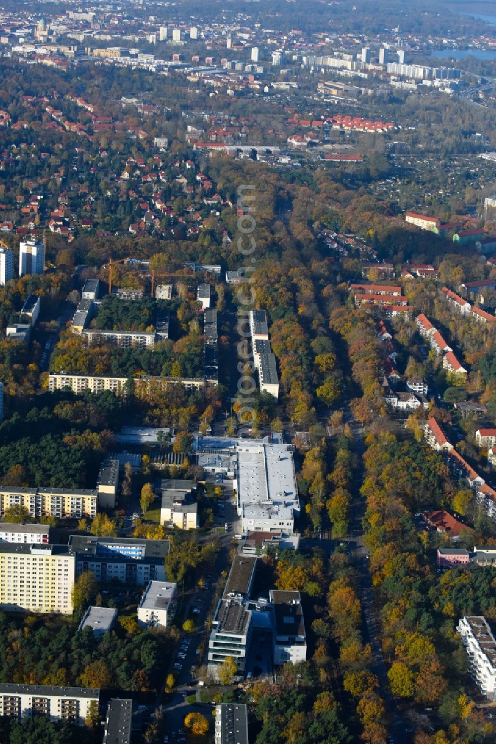 Potsdam from above - Banking administration building of the financial services company Mittelbrandenburgische Sparkasse in Potsdam on Saarmunder Strasse in Potsdam in the state Brandenburg, Germany