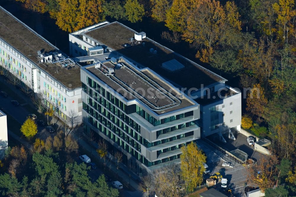 Potsdam from the bird's eye view: Banking administration building of the financial services company Mittelbrandenburgische Sparkasse in Potsdam on Saarmunder Strasse in Potsdam in the state Brandenburg, Germany