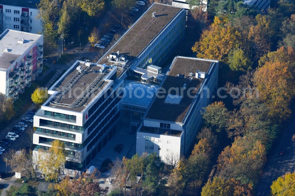 Potsdam from above - Banking administration building of the financial services company Mittelbrandenburgische Sparkasse in Potsdam on Saarmunder Strasse in Potsdam in the state Brandenburg, Germany