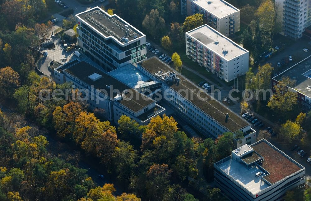 Potsdam from above - Banking administration building of the financial services company Mittelbrandenburgische Sparkasse in Potsdam on Saarmunder Strasse in Potsdam in the state Brandenburg, Germany