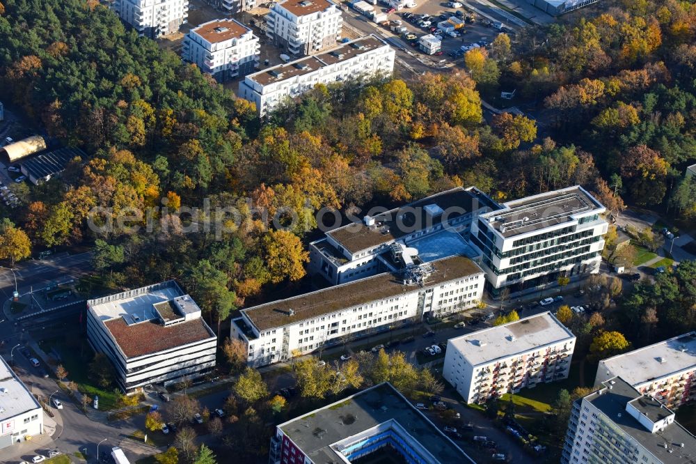 Potsdam from the bird's eye view: Banking administration building of the financial services company Mittelbrandenburgische Sparkasse in Potsdam on Saarmunder Strasse in Potsdam in the state Brandenburg, Germany