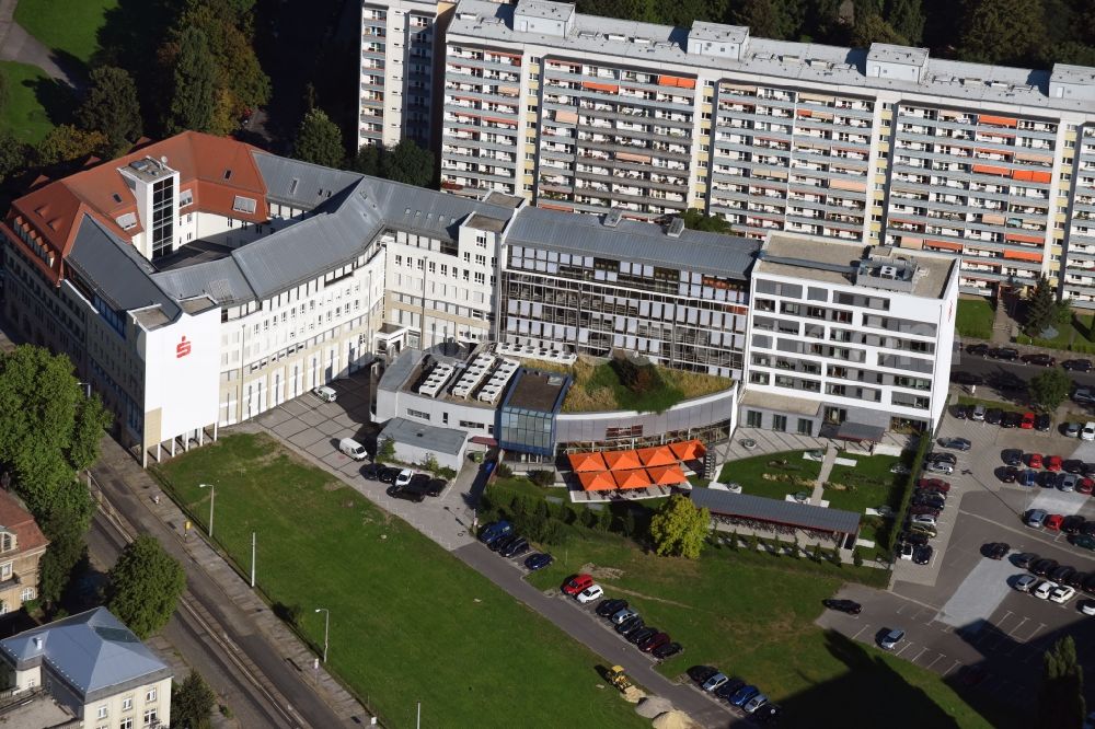 Dresden from above - Banking administration building of the financial services company Ostsaechsische Sparkasse Dresden in the street Guentzplatz in Dresden in the state Saxony