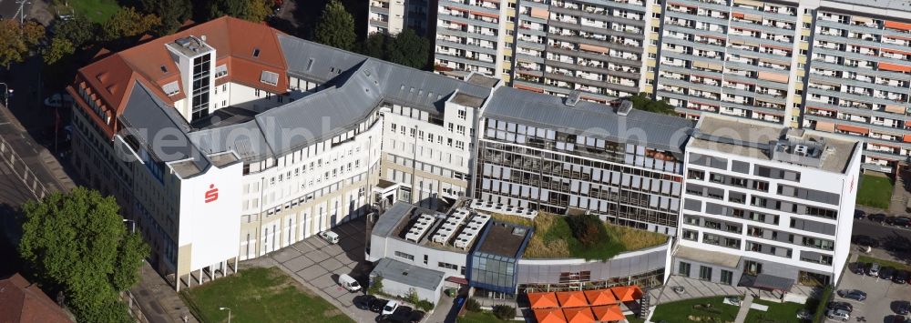 Dresden from the bird's eye view: Banking administration building of the financial services company Ostsaechsische Sparkasse Dresden in the street Guentzplatz in Dresden in the state Saxony