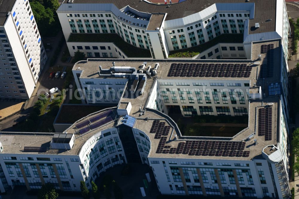 Dresden from above - Banking administration building of the financial services company Saechsische Aufbaubank on street Blueherstrasse in the district Altstadt in Dresden in the state Saxony, Germany