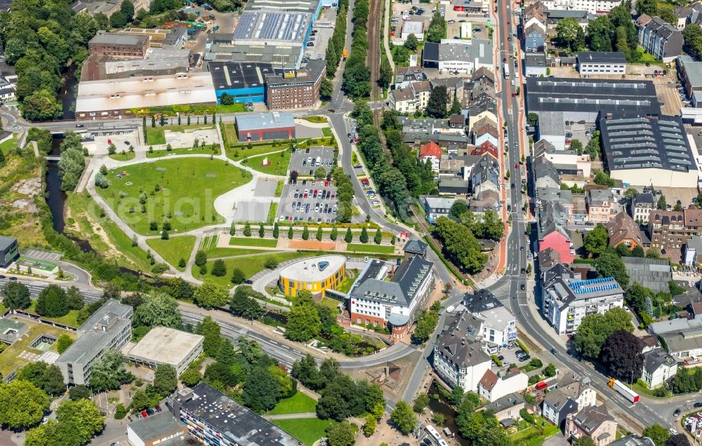 Gevelsberg from above - Banking administration building of the financial services company Sparkasse Gevelsberg-Wetter on Mittelstrasse in Gevelsberg in the state North Rhine-Westphalia, Germany