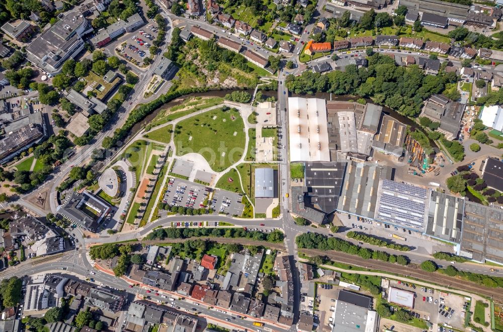 Gevelsberg from above - Banking administration building of the financial services company Sparkasse Gevelsberg-Wetter on Mittelstrasse in Gevelsberg in the state North Rhine-Westphalia, Germany