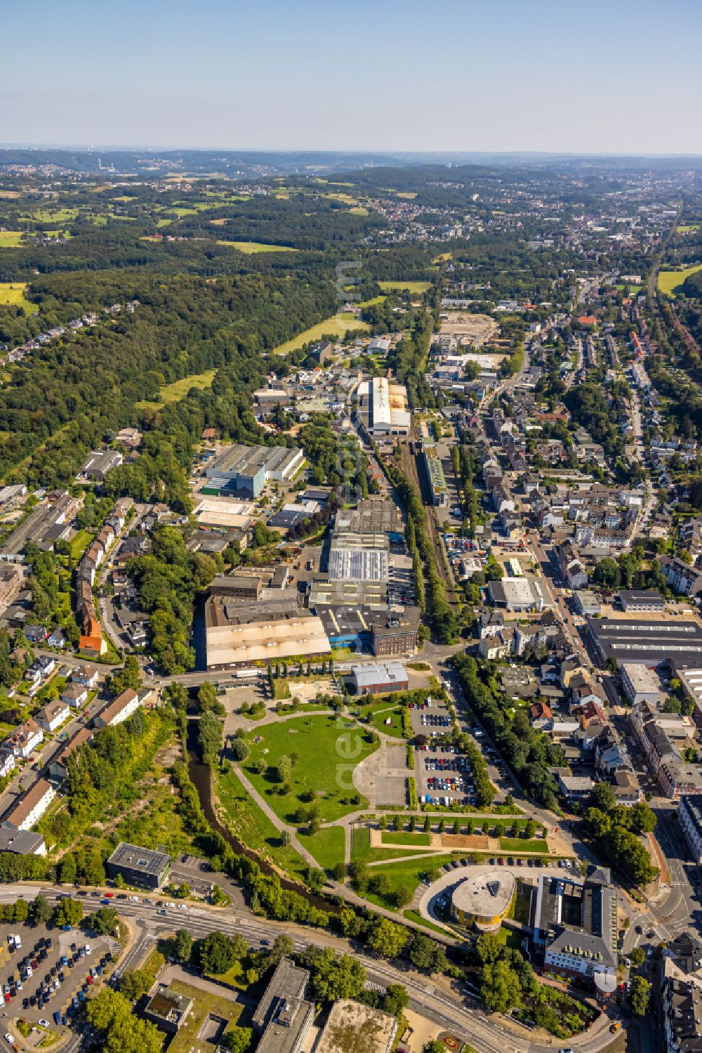 Gevelsberg from above - Banking administration building of the financial services company Sparkasse Gevelsberg-Wetter on Mittelstrasse in Gevelsberg in the state North Rhine-Westphalia, Germany