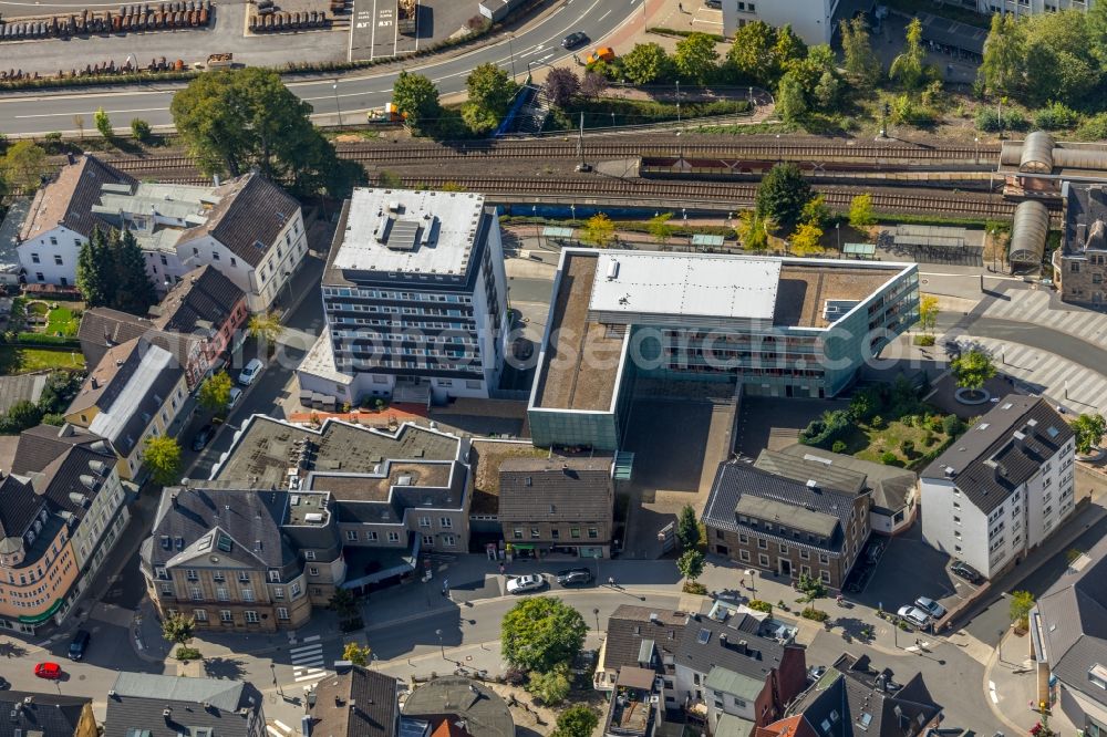 Wetter (Ruhr) from above - Banking administration building of the financial services company of Sparkasse Gevelsberg-Wetter between Bahnhofstrasse and Kaiserstrasse in Wetter (Ruhr) in the state North Rhine-Westphalia, Germany