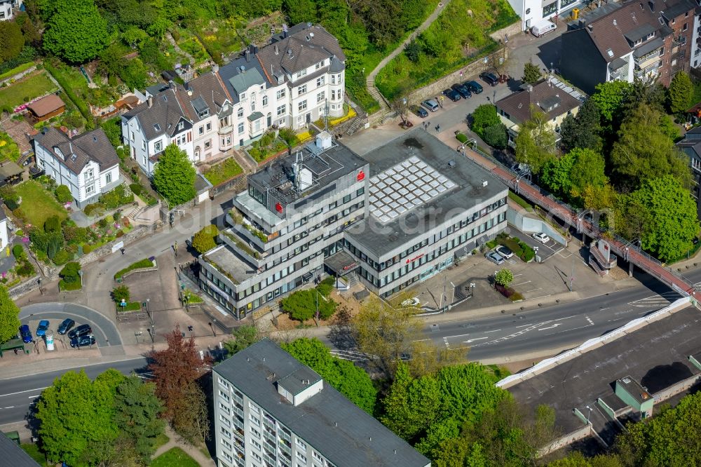 Velbert from the bird's eye view: Banking administration building of the financial services company Sparkasse Hilden-Ratingen-Velbert on Elberfelder Strasse in Velbert in the state North Rhine-Westphalia, Germany