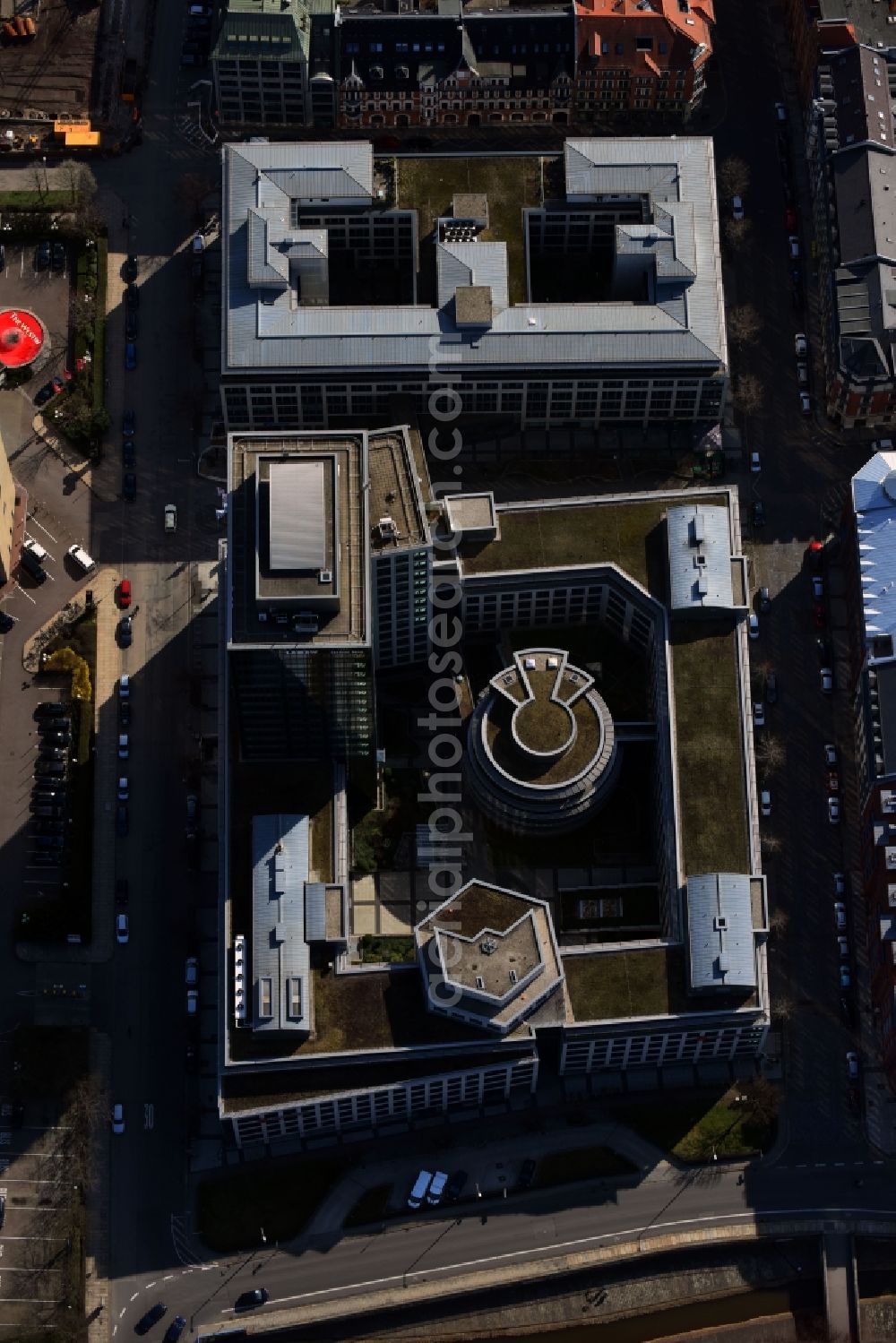 Leipzig from above - Banking administration building of the financial services company Sparkasse in Leipzig in the state Saxony