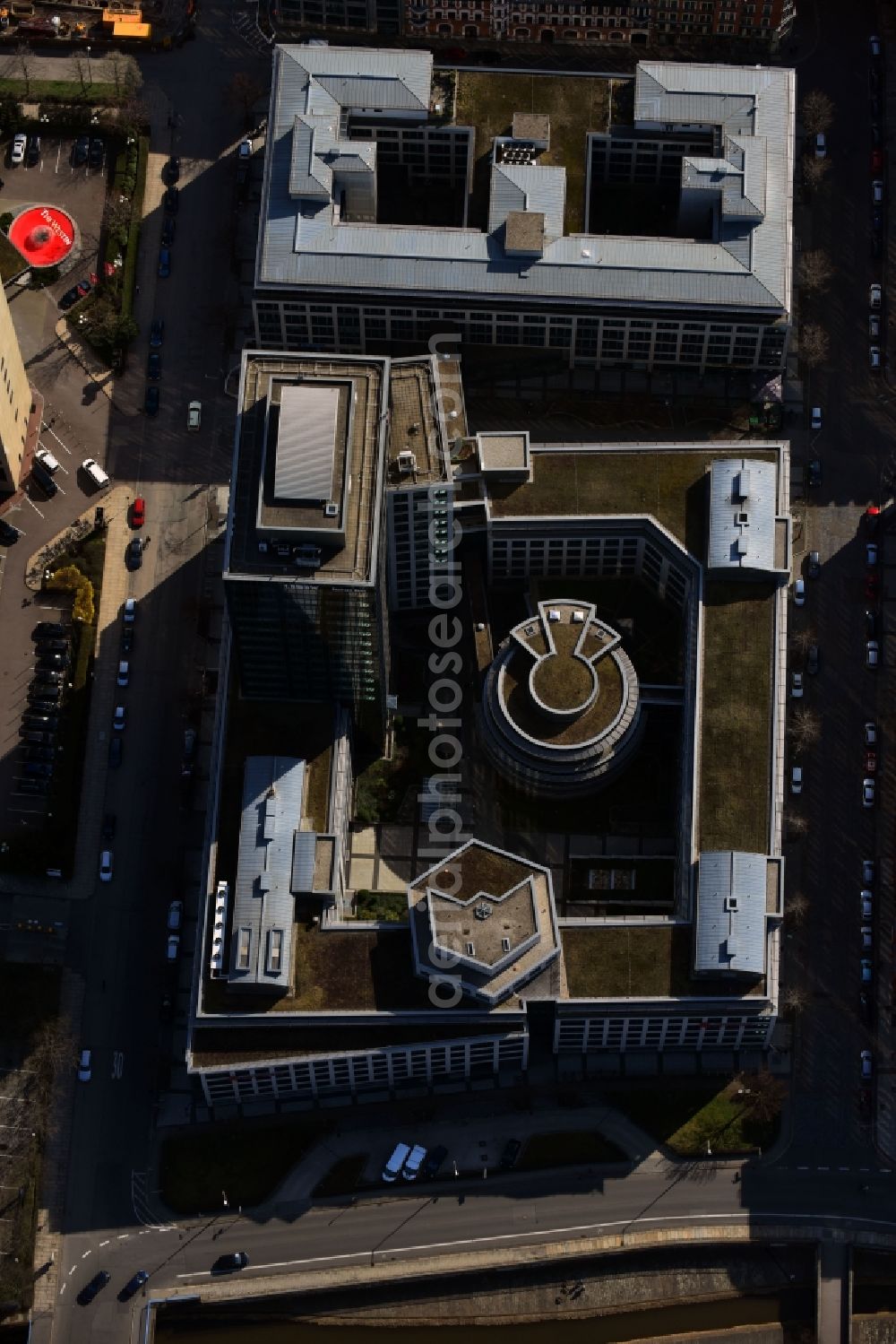 Leipzig from the bird's eye view: Banking administration building of the financial services company Sparkasse in Leipzig in the state Saxony