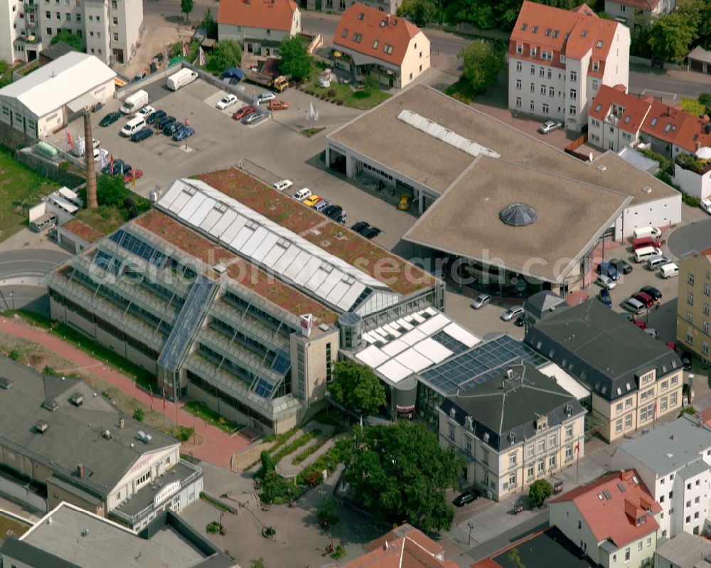 Riesa from the bird's eye view: Banking administration building of the financial services company of Sparkasse on street Hauptstrasse in the district Promnitz in Riesa in the state Saxony, Germany