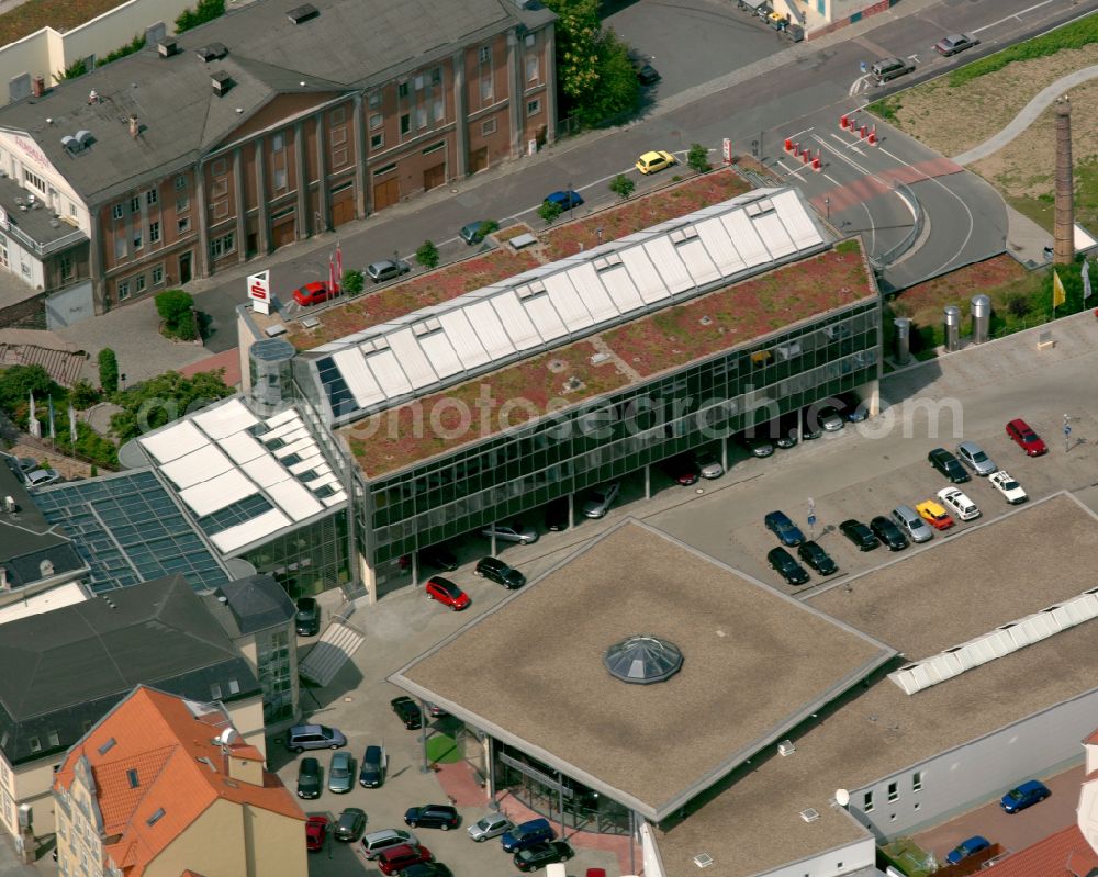 Aerial image Riesa - Banking administration building of the financial services company of Sparkasse on street Hauptstrasse in the district Promnitz in Riesa in the state Saxony, Germany