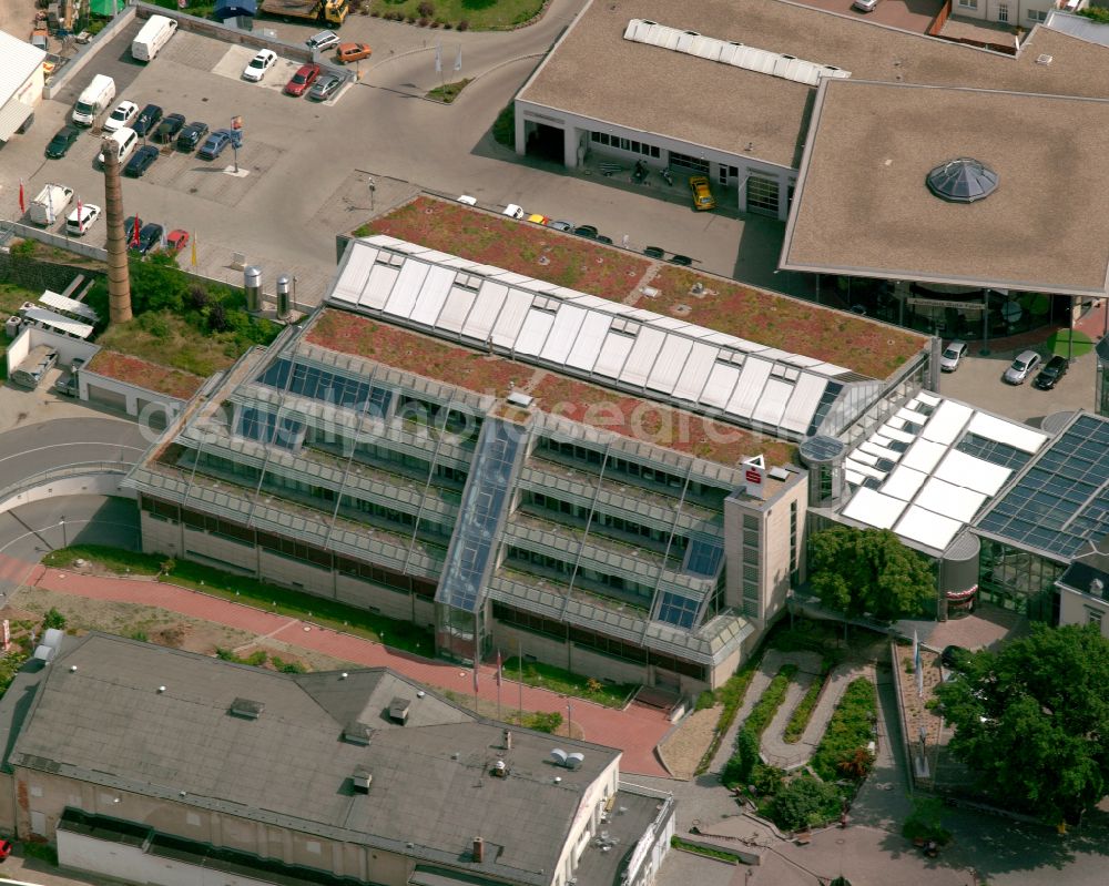 Aerial photograph Riesa - Banking administration building of the financial services company of Sparkasse on street Hauptstrasse in the district Promnitz in Riesa in the state Saxony, Germany