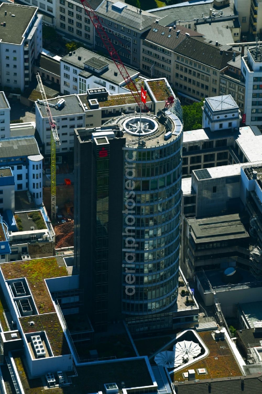 Pforzheim from above - Banking administration building of the financial services company Sparkassenturm of SPARKASSE in Pforzheim in the state Baden-Wurttemberg, Germany