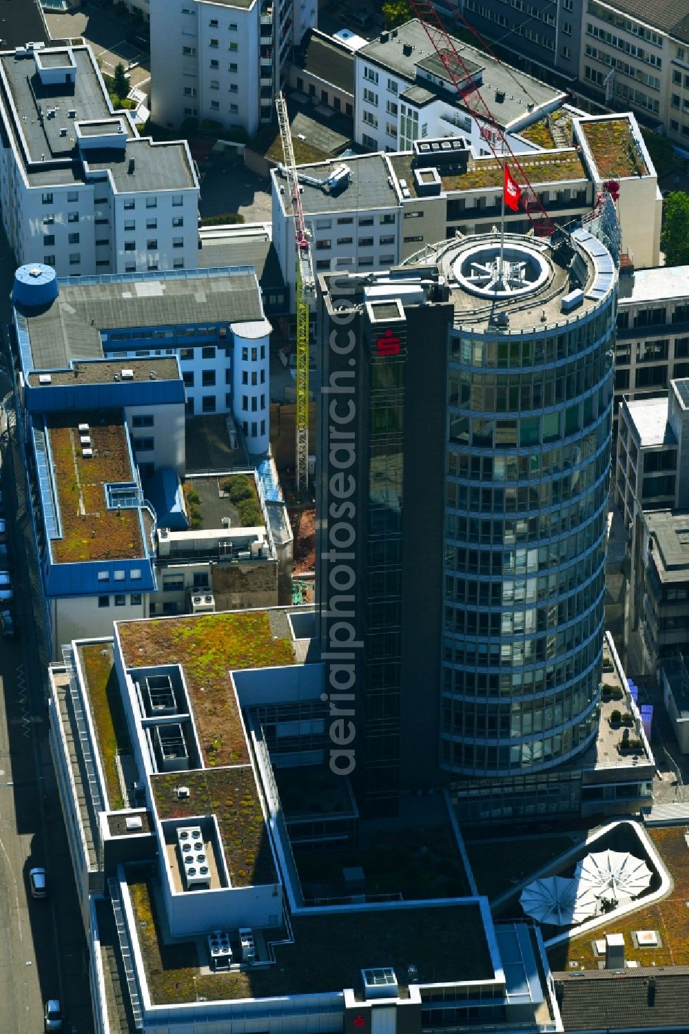 Pforzheim from the bird's eye view: Banking administration building of the financial services company Sparkassenturm of SPARKASSE in Pforzheim in the state Baden-Wurttemberg, Germany