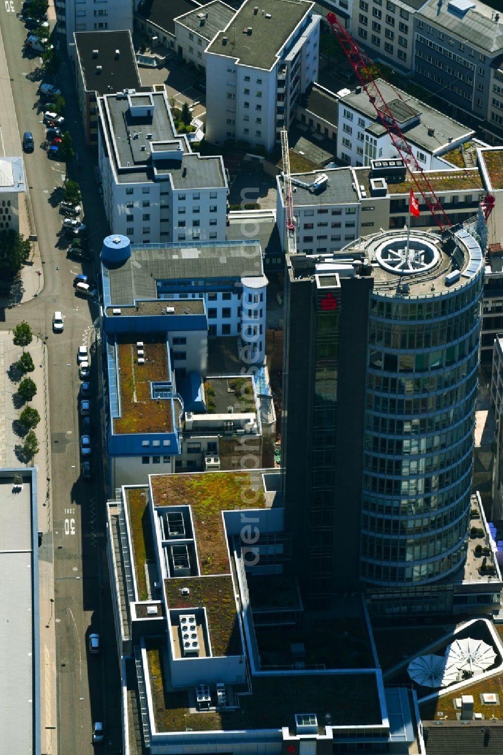 Aerial image Pforzheim - Banking administration building of the financial services company Sparkassenturm of SPARKASSE in Pforzheim in the state Baden-Wurttemberg, Germany