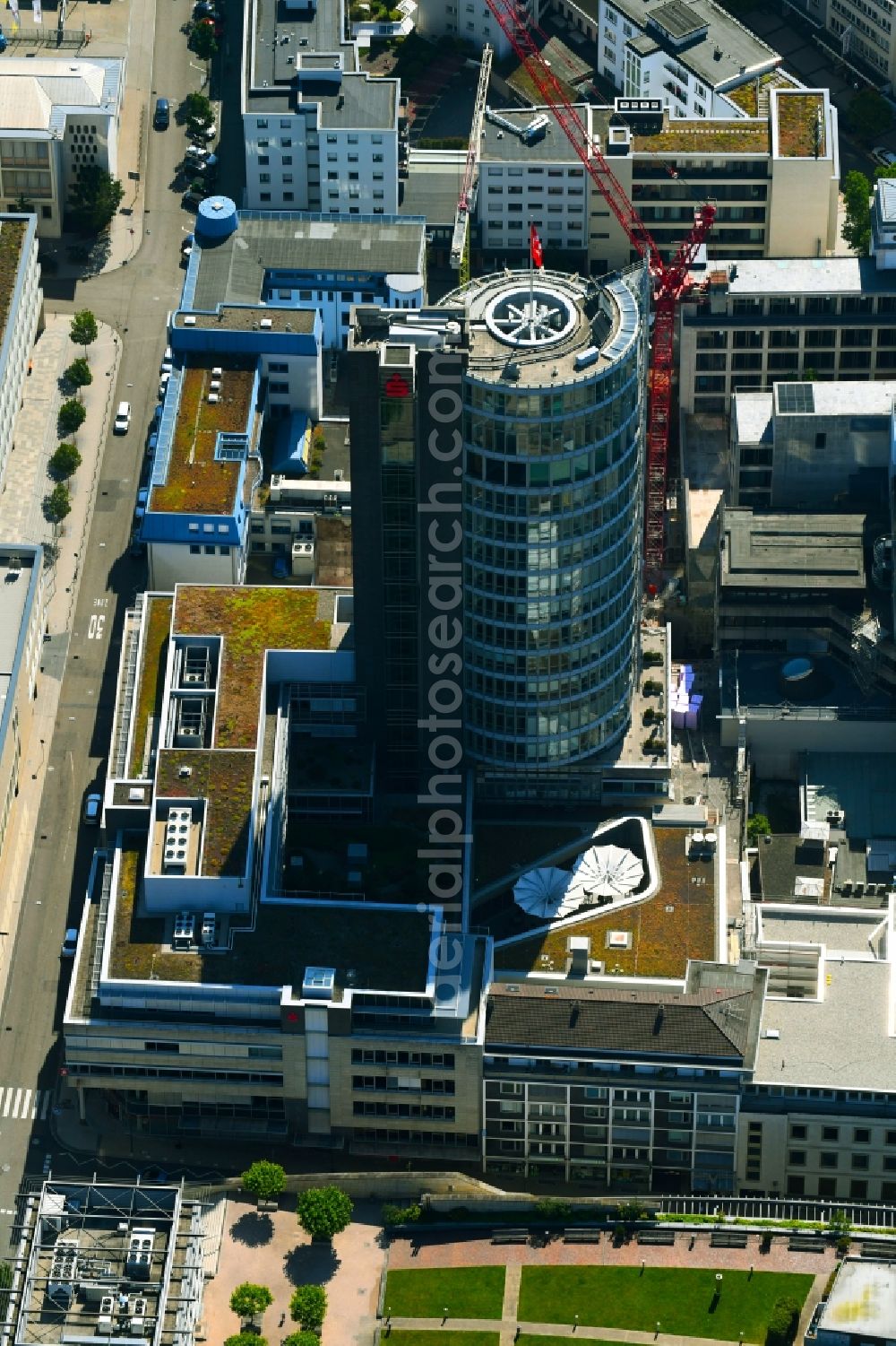 Pforzheim from above - Banking administration building of the financial services company Sparkassenturm of SPARKASSE in Pforzheim in the state Baden-Wurttemberg, Germany