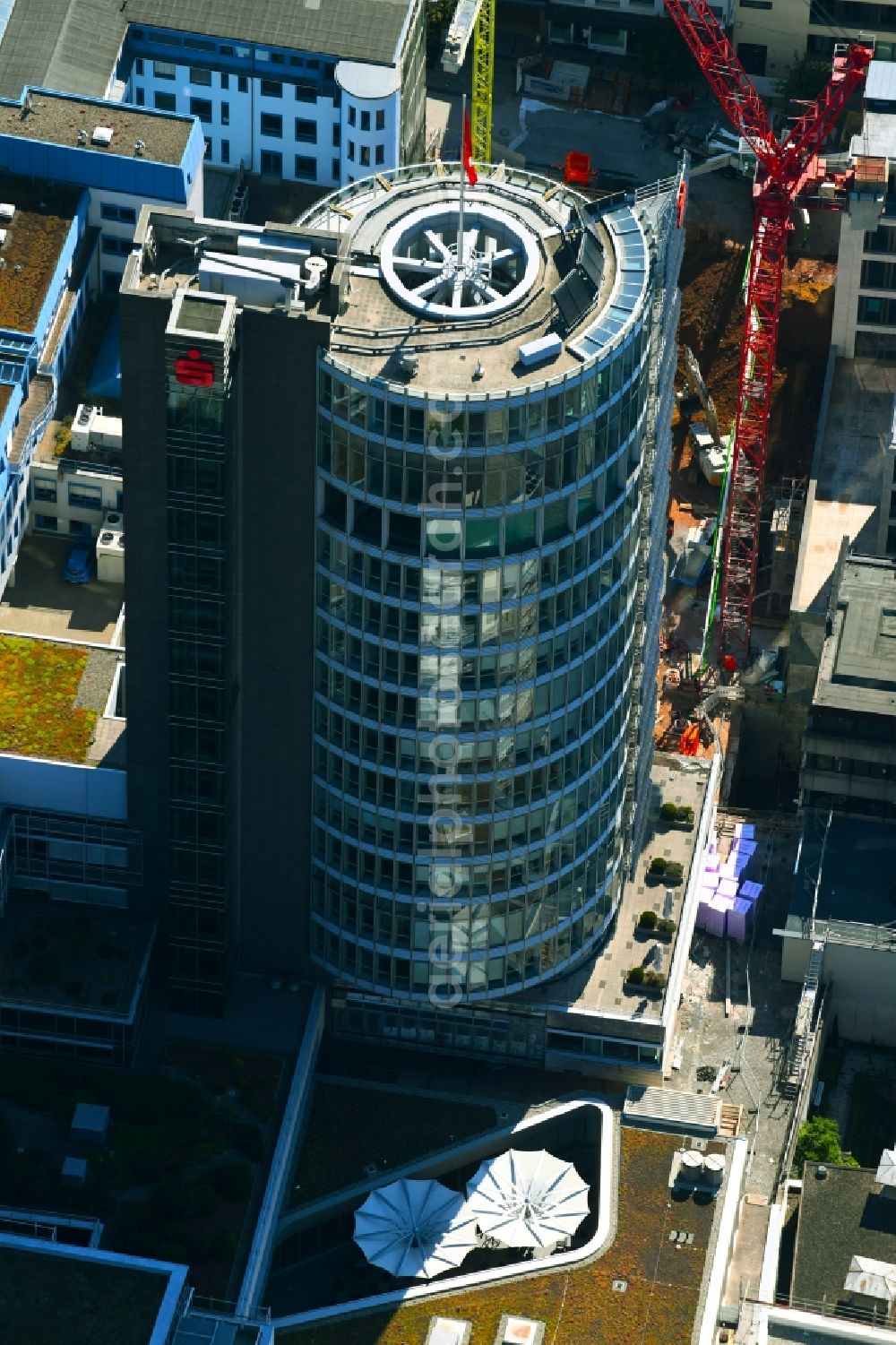 Pforzheim from the bird's eye view: Banking administration building of the financial services company Sparkassenturm of SPARKASSE in Pforzheim in the state Baden-Wurttemberg, Germany