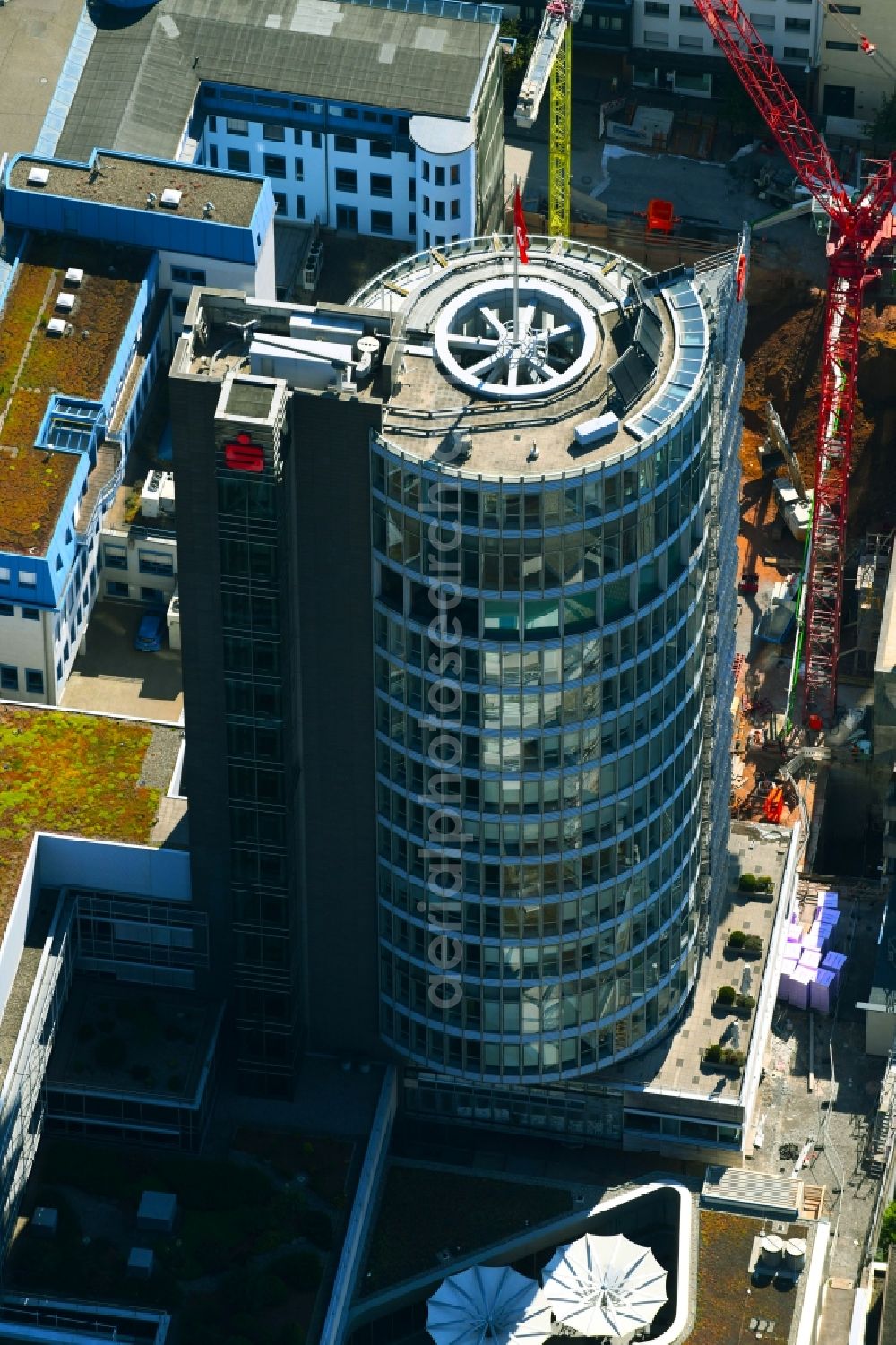 Aerial image Pforzheim - Banking administration building of the financial services company Sparkassenturm of SPARKASSE in Pforzheim in the state Baden-Wurttemberg, Germany