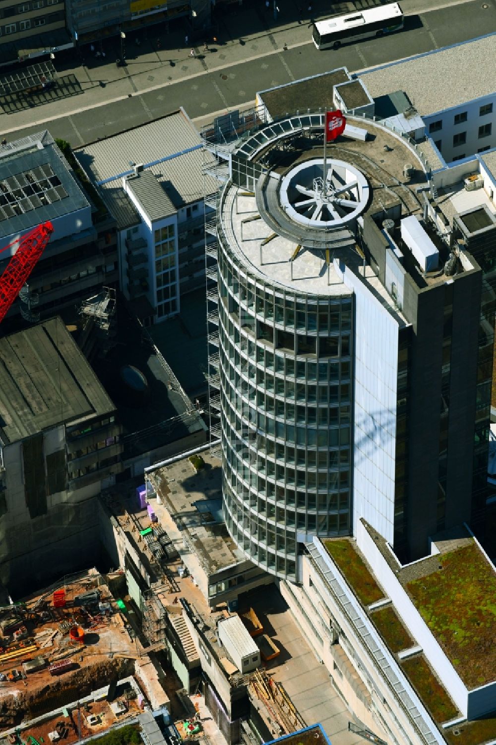 Pforzheim from above - Banking administration building of the financial services company Sparkassenturm of SPARKASSE in Pforzheim in the state Baden-Wurttemberg, Germany