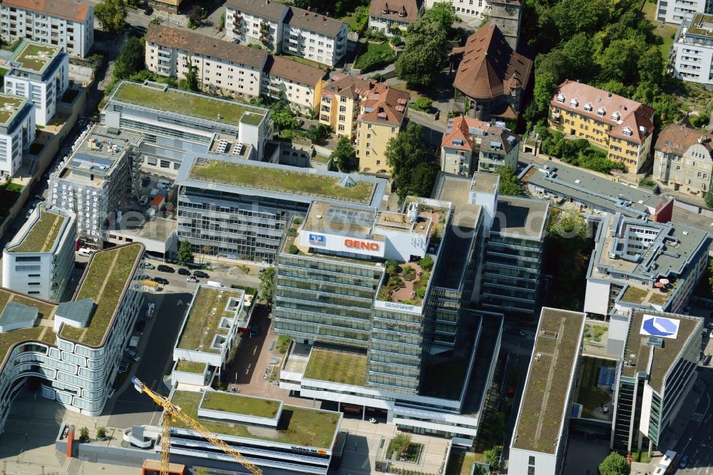 Stuttgart from above - Banking administration building of the financial services company Volksbank - DZ Bank GENO-Haus Stuttgart GmbH & Co. KG Verwaltungsgesellschaft Heilbronner Strasse in Stuttgart in the state Baden-Wuerttemberg