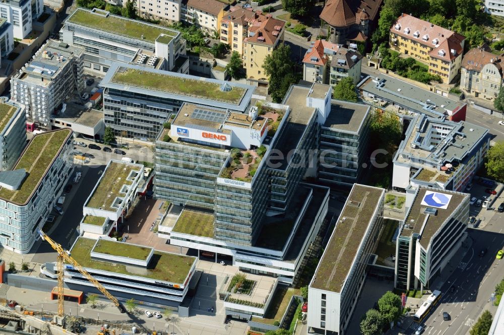 Stuttgart from the bird's eye view: Banking administration building of the financial services company Volksbank - DZ Bank GENO-Haus Stuttgart GmbH & Co. KG Verwaltungsgesellschaft Heilbronner Strasse in Stuttgart in the state Baden-Wuerttemberg