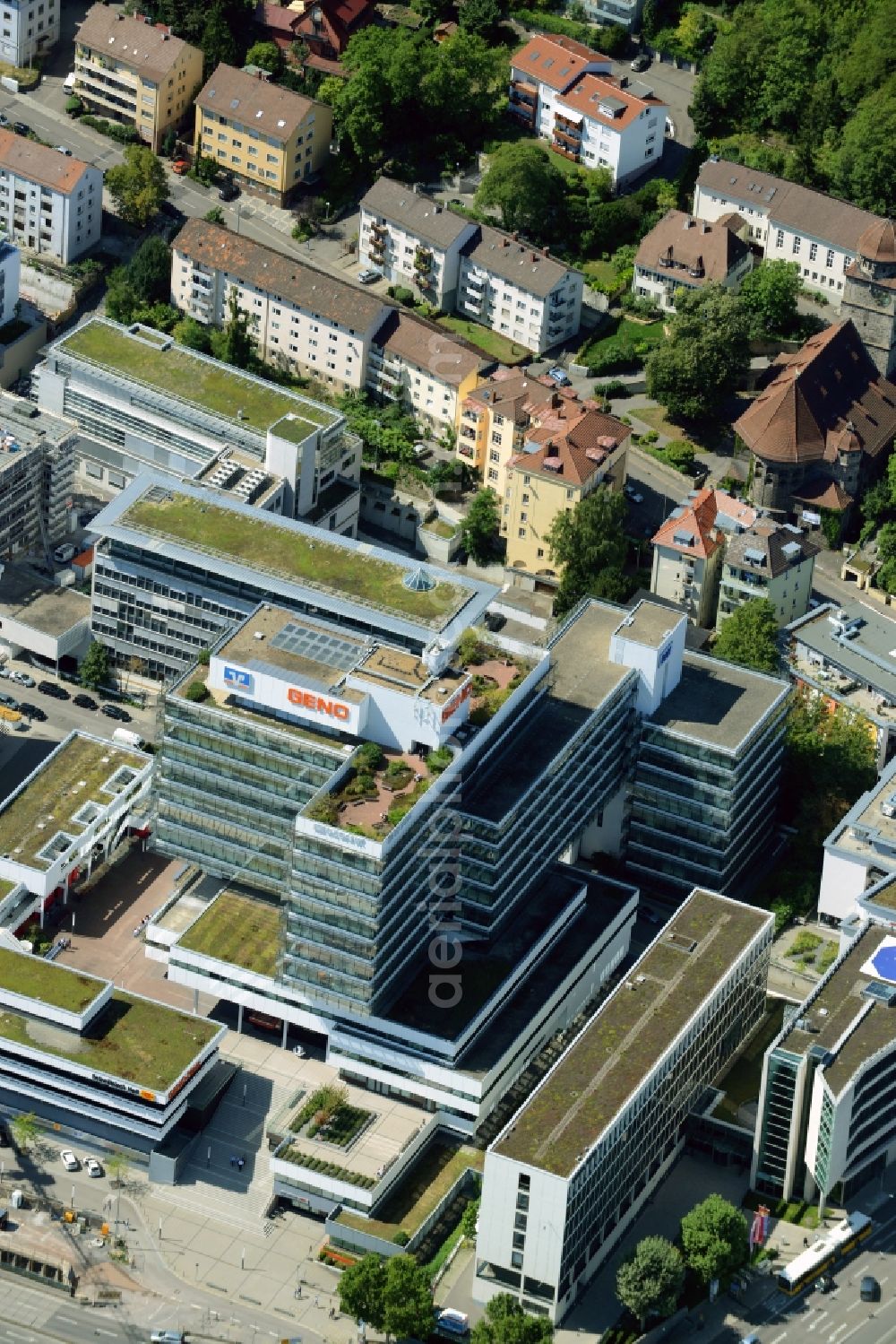 Aerial image Stuttgart - Banking administration building of the financial services company Volksbank - DZ Bank GENO-Haus Stuttgart GmbH & Co. KG Verwaltungsgesellschaft Heilbronner Strasse in Stuttgart in the state Baden-Wuerttemberg