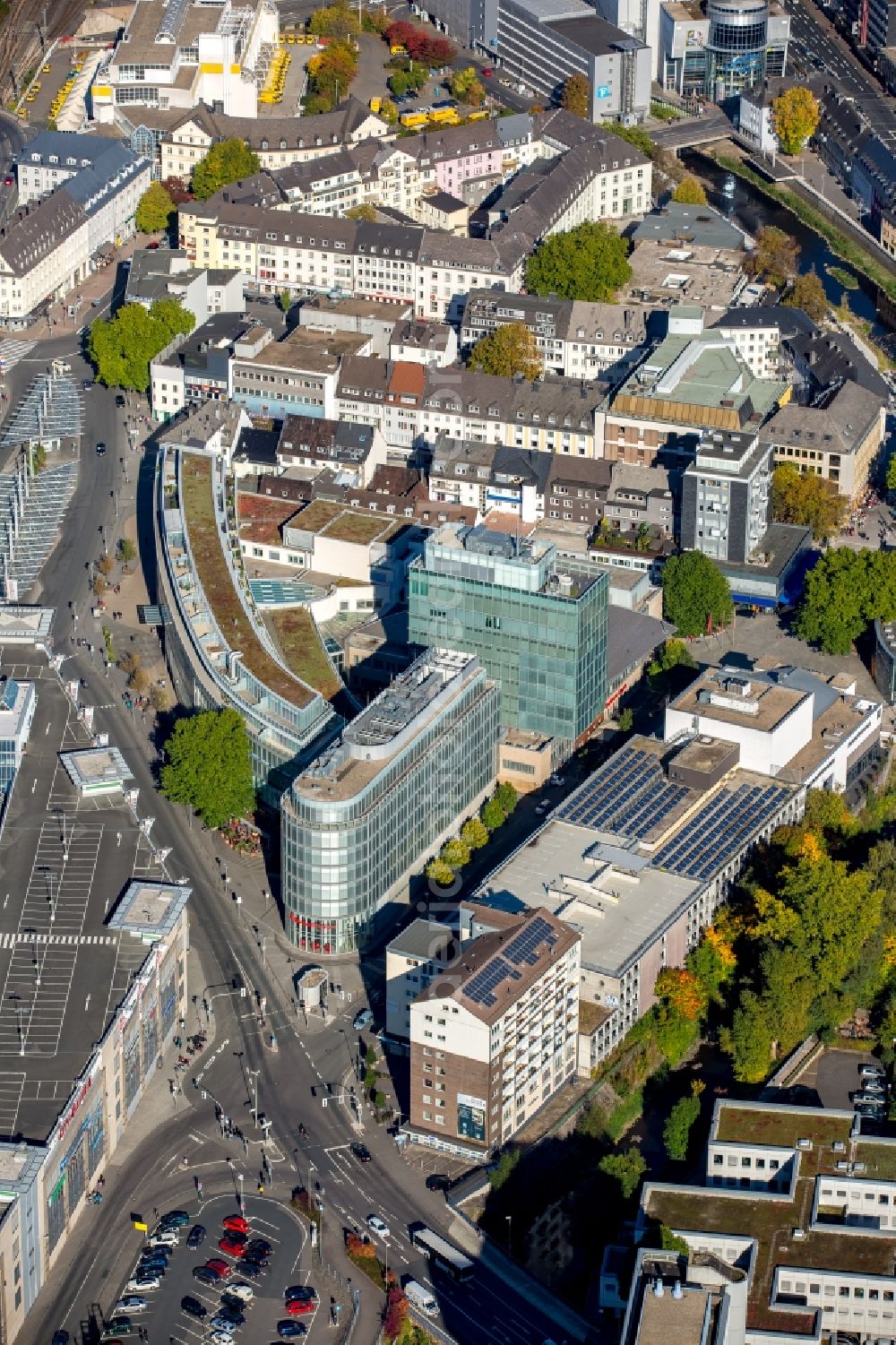 Siegen from above - Banking administration building of the financial services company Sparkasse in Siegen in the state North Rhine-Westphalia