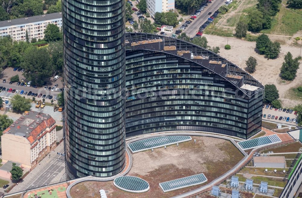 Aerial image Wroclaw Breslau - Verwaltungsgebäude und Geschäftsgebäude Sky Tower in Wroclaw Breslau in Niederschlesien, Polen. Das moderne Wohn- und Geschäftshaus ist mit 260 Metern eines der höchsten Gebäude in Polen.