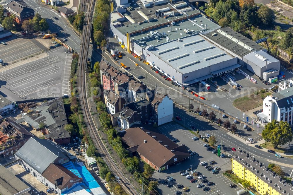 Hagen from the bird's eye view: Administrative building of the industrial area EnerSys in Hagen in the state North Rhine-Westphalia, Germany